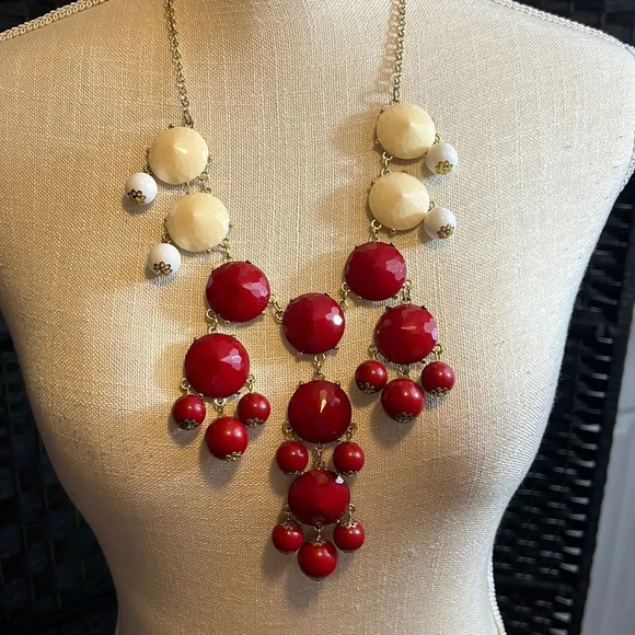 Red & Cream Beaded Statement Necklace - Picture 1 of 8